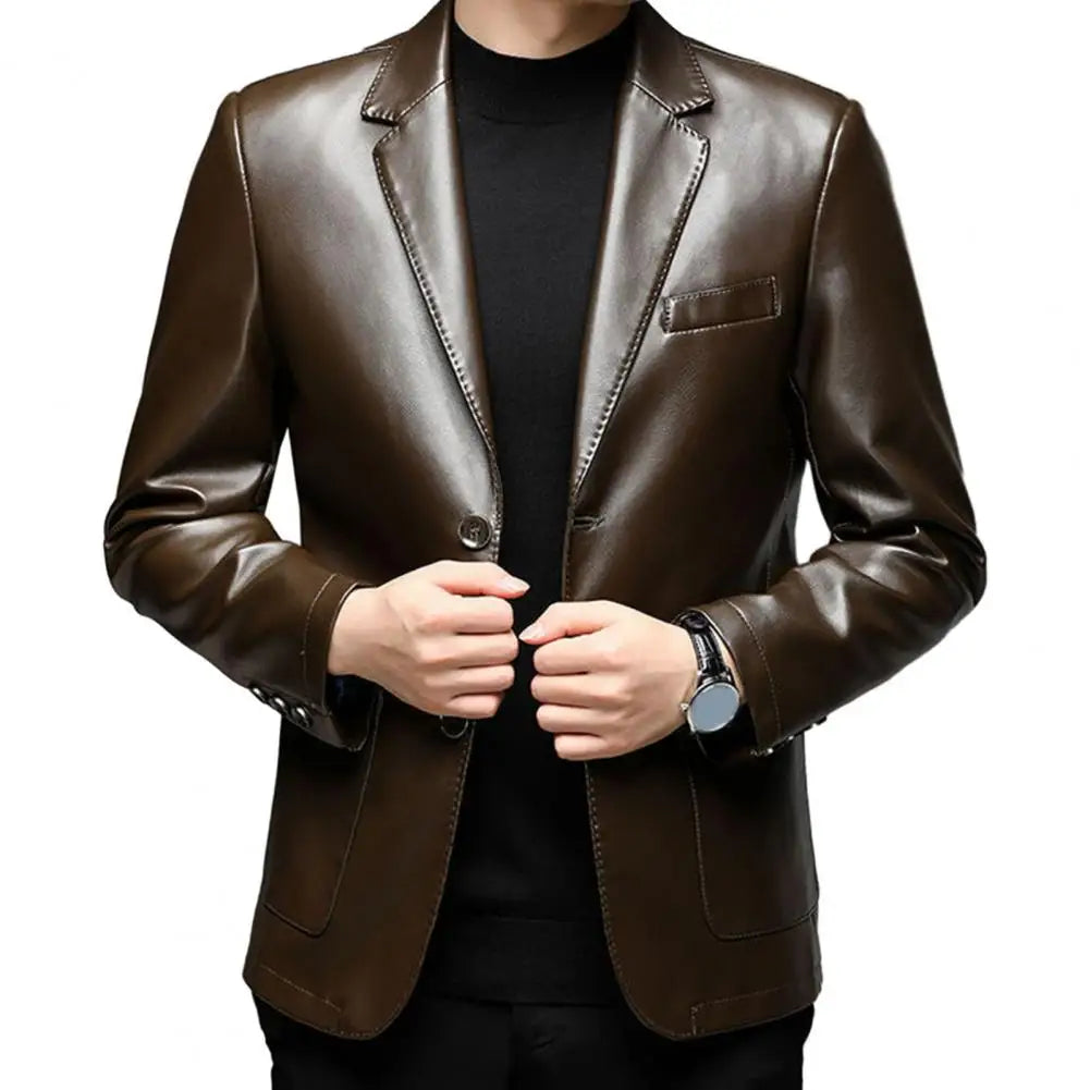 Mens' Jacket with Button Decoration Long-lasting Wear Men Jacket Stylish Lapel Collar Men's Leather Jacket for Outdoor for Men