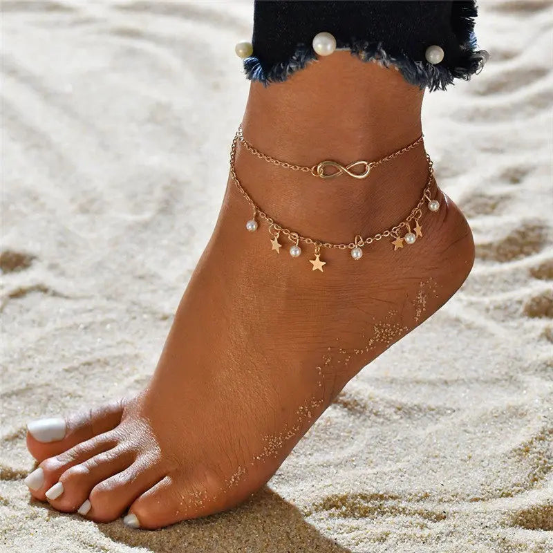 Simple Double Zircon Cross 8 Shape Word Female Anklet Barefoot Anklet Summer Vintage Foot Jewelry Accessories