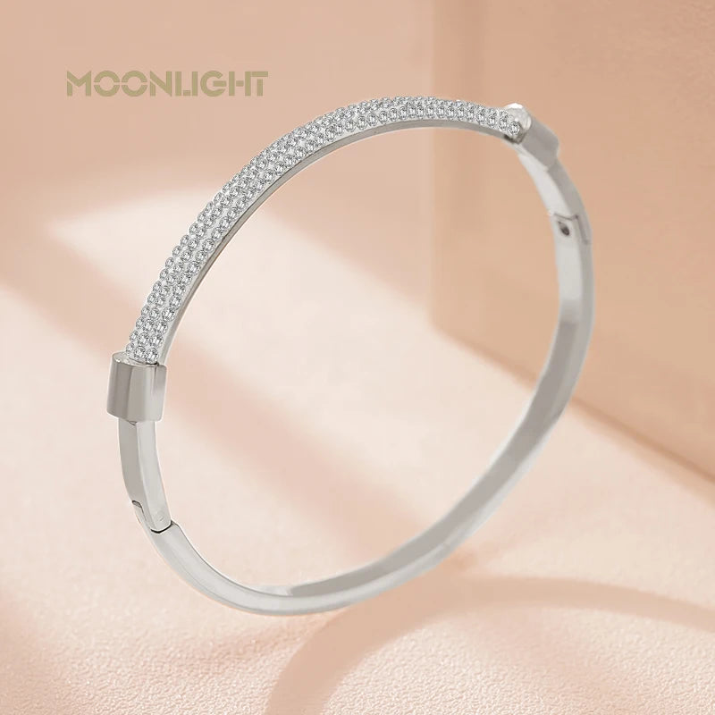 MOONLIGHT Fashion Cubic Zirconia Cuff Bangles for Women Trendy Titanium Steel Circular Classic Bracelet