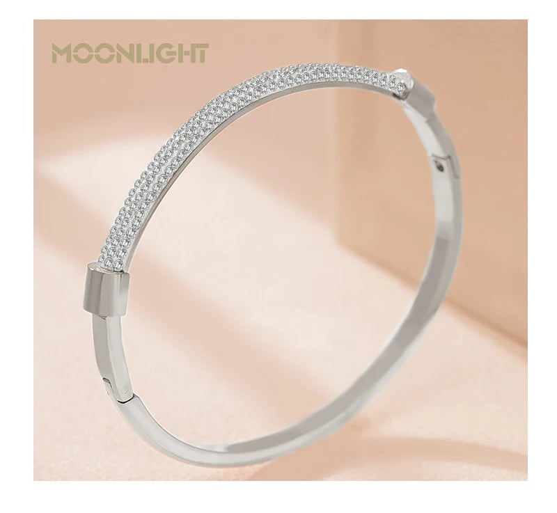 MOONLIGHT Fashion Cubic Zirconia Cuff Bangles for Women Trendy Titanium Steel Circular Classic Bracelet