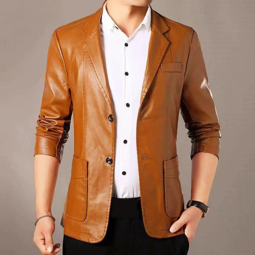 Mens' Jacket with Button Decoration Long-lasting Wear Men Jacket Stylish Lapel Collar Men's Leather Jacket for Outdoor for Men