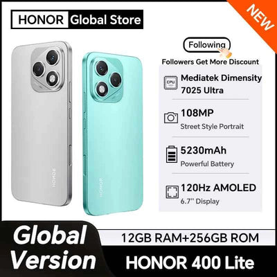 2025 HONOR 400 Lite 5G Smartphone with Mediatek Dimensity 7025, 6.7'' 120Hz AMOLED Display, 108MP Camera, and 5230mAh Battery - Pulse Electro