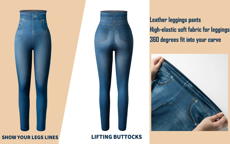 High Waist Faux Denim Print Leggings Women Sexy Skinny Pencil Pants Tummy Control Seamless Shapewear Trousers No Pocket