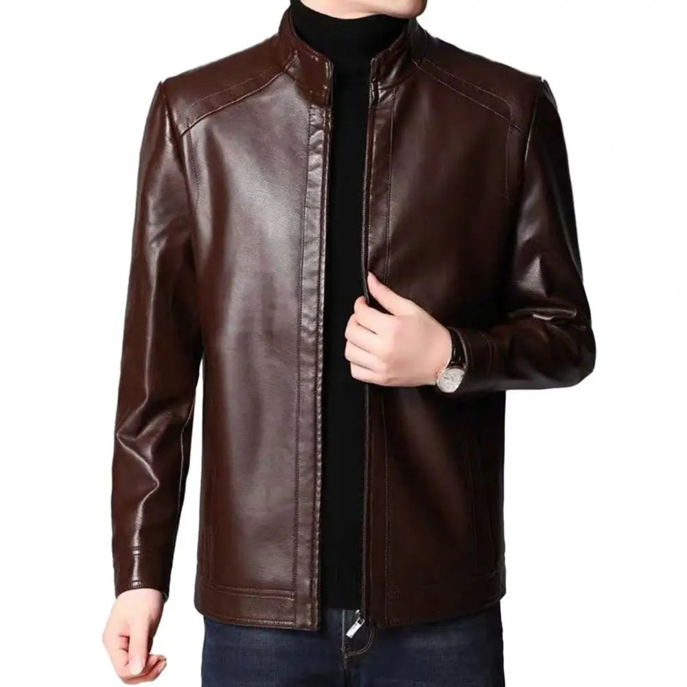 Men Faux Leather Jacket Men's Faux Leather Motorcycle Jacket with Stand Collar Thick Warm Lining Windproof Design for Autumn