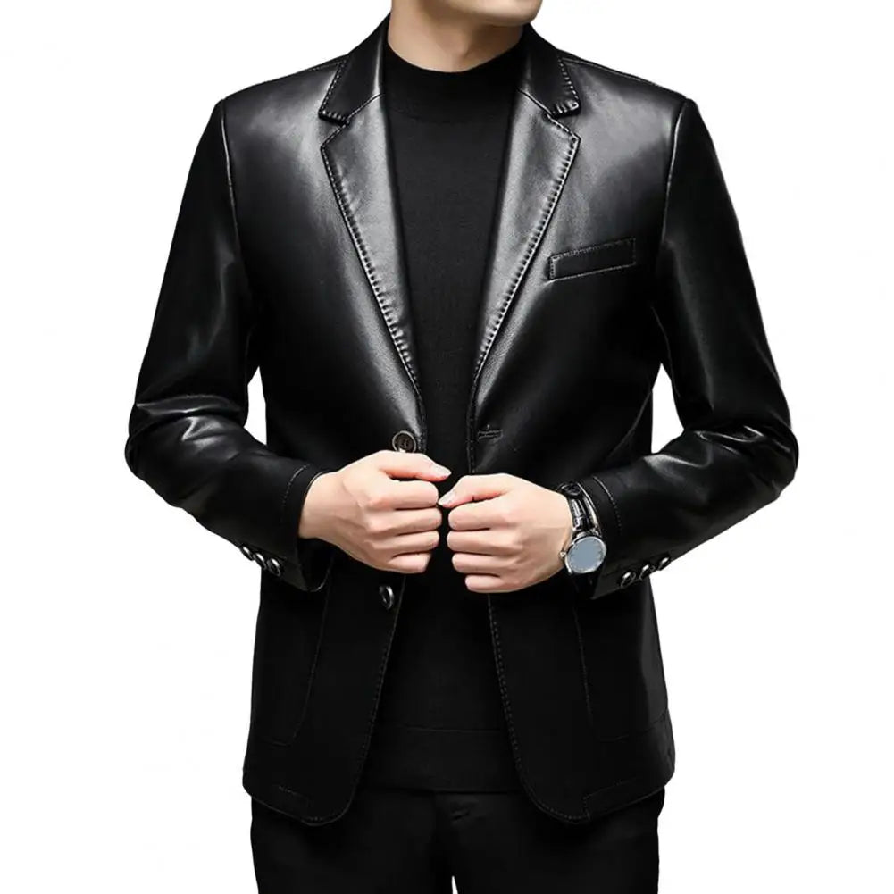 Mens' Jacket with Button Decoration Long-lasting Wear Men Jacket Stylish Lapel Collar Men's Leather Jacket for Outdoor for Men