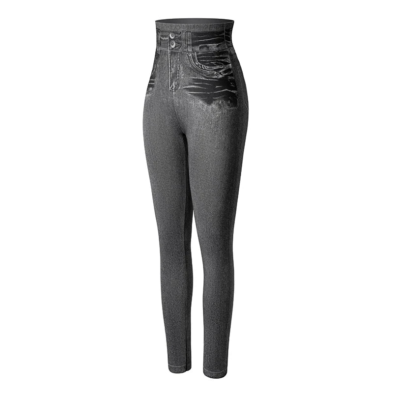 High Waist Faux Denim Print Leggings Women Sexy Skinny Pencil Pants Tummy Control Seamless Shapewear Trousers No Pocket