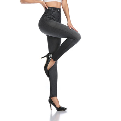 High Waist Faux Denim Print Leggings Women Sexy Skinny Pencil Pants Tummy Control Seamless Shapewear Trousers No Pocket