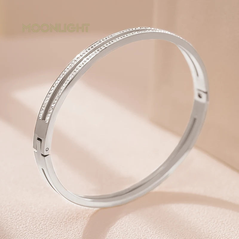 MOONLIGHT Fashion Cubic Zirconia Cuff Bangles for Women Trendy Titanium Steel Circular Classic Bracelet