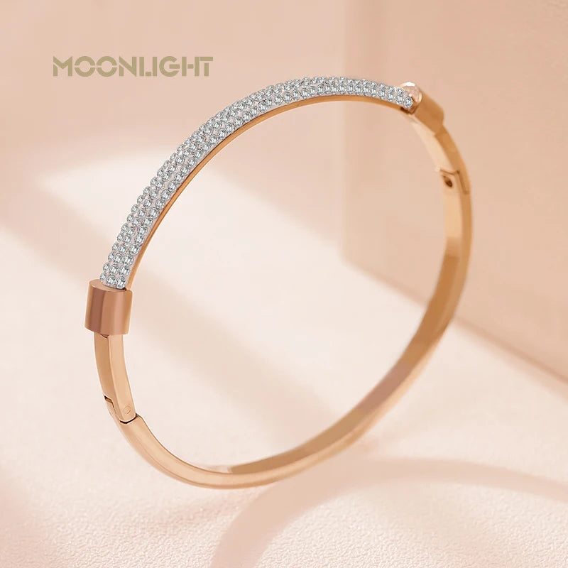 MOONLIGHT Fashion Cubic Zirconia Cuff Bangles for Women Trendy Titanium Steel Circular Classic Bracelet