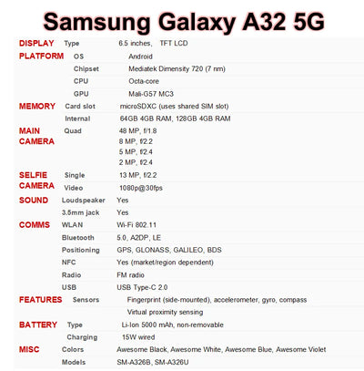 Samsung Galaxy A32 5G Unlocked Mobile Phone - 6.5" LCD, 64GB/128GB ROM, Snapdragon Octa Core, NFC, A326U1 1SIM, A326B/DS 2SIM - Pulse Electro