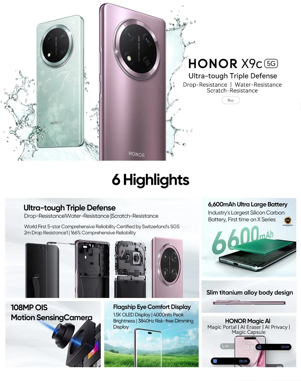 Original New Global Version HONOR X9c 5G Smartphone 6.78" Anti-Drop 120Hz Display 108MP Triple Cameras 6600mAh Battery Android14