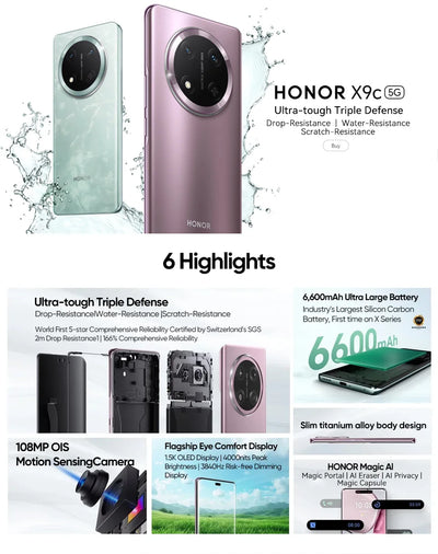 Original New Global Version HONOR X9c 5G Smartphone 6.78" Anti-Drop 120Hz Display 108MP Triple Cameras 6600mAh Battery Android14