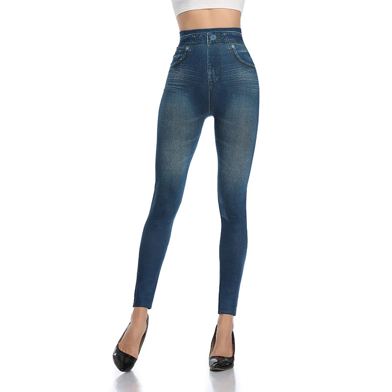 High Waist Faux Denim Print Leggings Women Sexy Skinny Pencil Pants Tummy Control Seamless Shapewear Trousers No Pocket