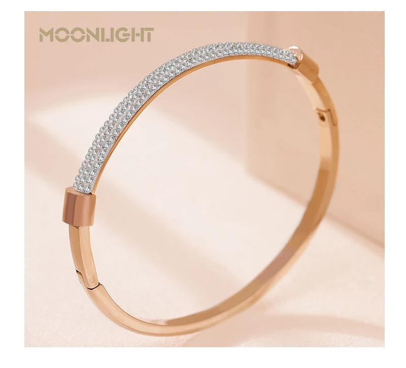 MOONLIGHT Fashion Cubic Zirconia Cuff Bangles for Women Trendy Titanium Steel Circular Classic Bracelet