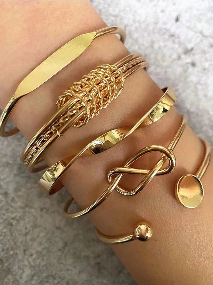 5Pcs Set Gold/Silver Color Fashion Charm Bracelet Women Retro Glossy Geometric Metal Twist Chain Bangles Bracelet Set Jewelry