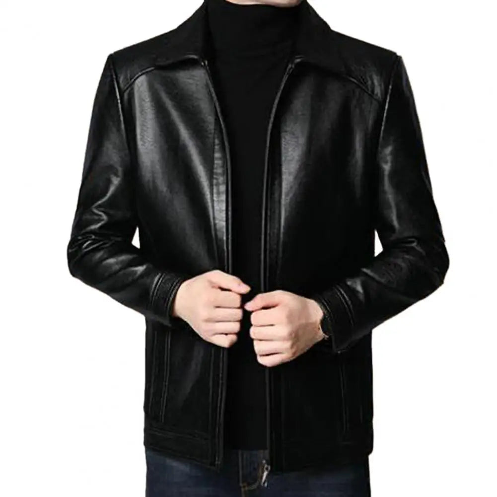 Men Faux Leather Jacket Men's Faux Leather Motorcycle Jacket with Stand Collar Thick Warm Lining Windproof Design for Autumn