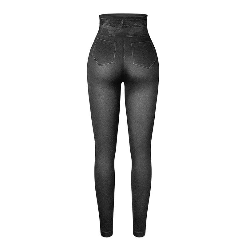 High Waist Faux Denim Print Leggings Women Sexy Skinny Pencil Pants Tummy Control Seamless Shapewear Trousers No Pocket