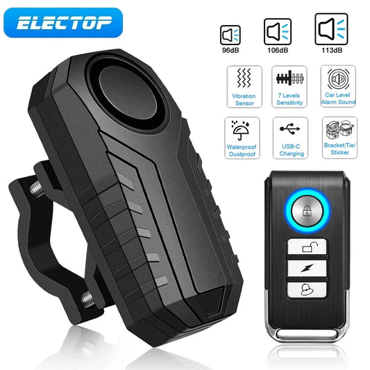 ELECTOP Bicycle Alarm 113dB Anti-Theft Wireless Vibration Remote Control Bike Motorbike Alarms