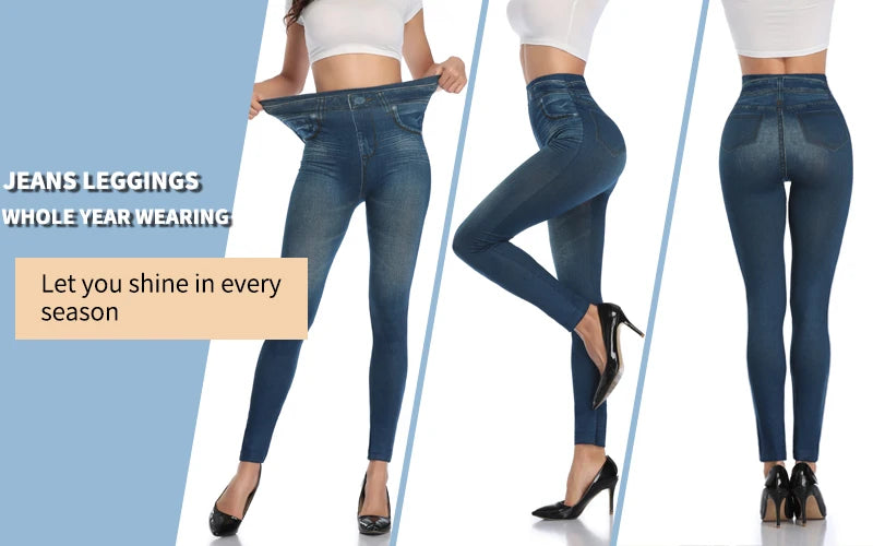 High Waist Faux Denim Print Leggings Women Sexy Skinny Pencil Pants Tummy Control Seamless Shapewear Trousers No Pocket