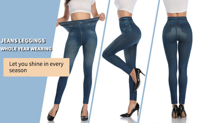 High Waist Faux Denim Print Leggings Women Sexy Skinny Pencil Pants Tummy Control Seamless Shapewear Trousers No Pocket