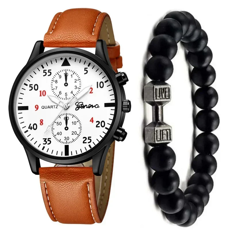 4/2/1pcs Men Sports Watches Set Man Business Quartz Wristwatch Luxury Brown Leather Bracelet Men Casual Clock Watch（no Box）