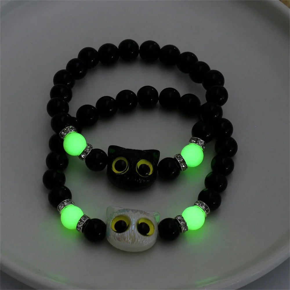 Matching Bracelets unisex Luminous Cute Cat Friendship Bracelets Black White Cat Head Bangles Glow In The Dark Gift