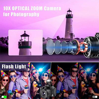 Digital Camera 4K 64MP Digital SLR Camera for Photography & Video 10X Optical Zoom Professional Cameras for YouTube with Flash