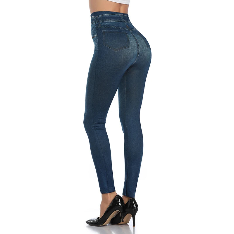 High Waist Faux Denim Print Leggings Women Sexy Skinny Pencil Pants Tummy Control Seamless Shapewear Trousers No Pocket