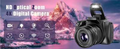 Digital Camera 4K 64MP Digital SLR Camera for Photography & Video 10X Optical Zoom Professional Cameras for YouTube with Flash