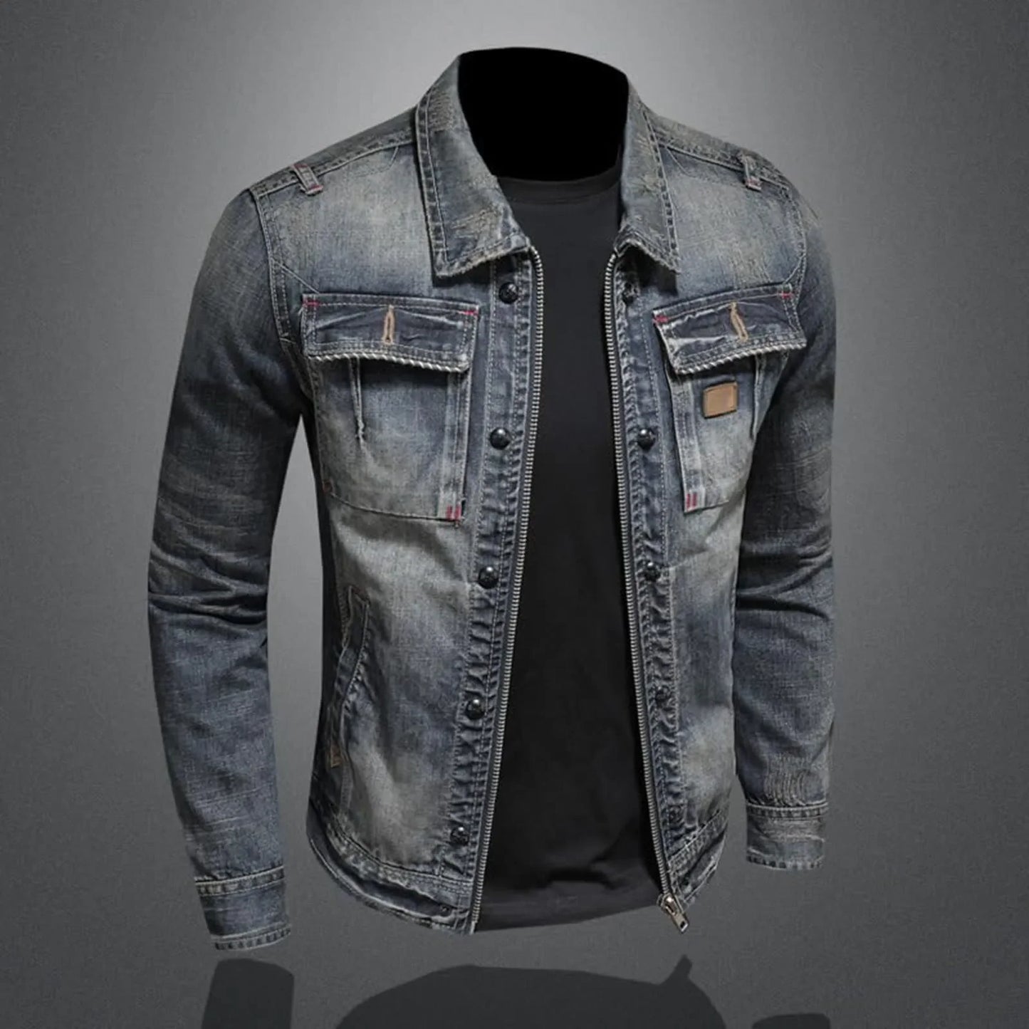 Vintage Denim Jacket with Zip Stand Up Cotton Slim Fit Denim Coat Jeans Jacket Classic Hip Hop Varsity Winter Men