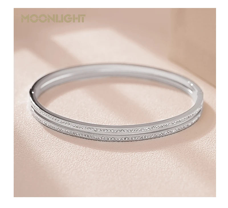 MOONLIGHT Fashion Cubic Zirconia Cuff Bangles for Women Trendy Titanium Steel Circular Classic Bracelet