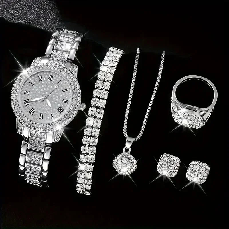 6PCS Set Women Watch Clock Roman Dial Luxury Brand Design Casual Ladies Quartz Wrist Watch Bracelet Set Women